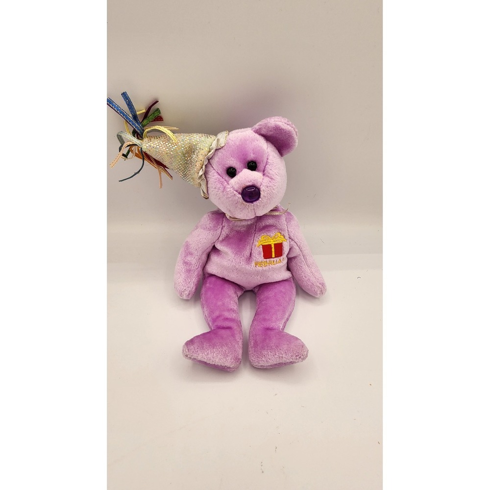 Ty Beanie Babies February Birthday Bear Purple Plush Party Hat Collectible 2002
